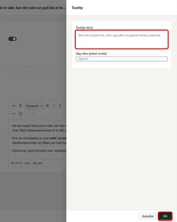 Dialogen til tooltip med tekstfeltet og knappen OK markeret