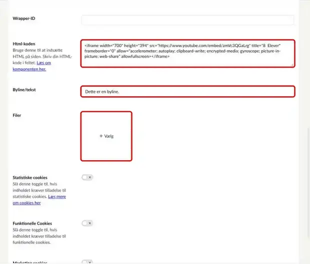 Felterne Html-koden, Byline/tekst og Filer markeret