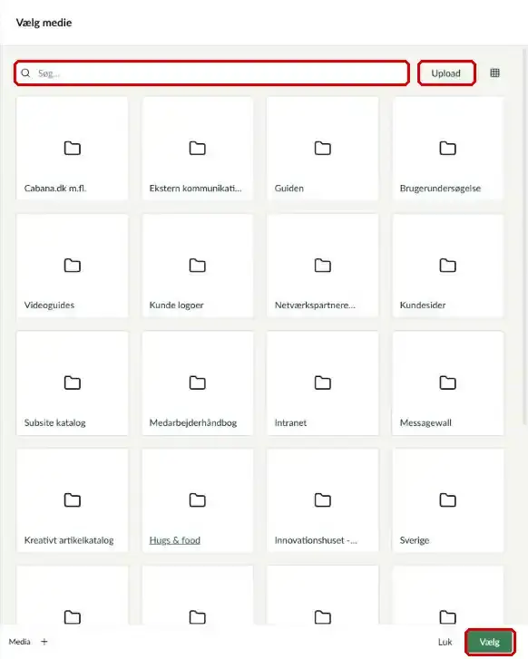 Dialogen Vælg medie med søgefelt og knappen Upload