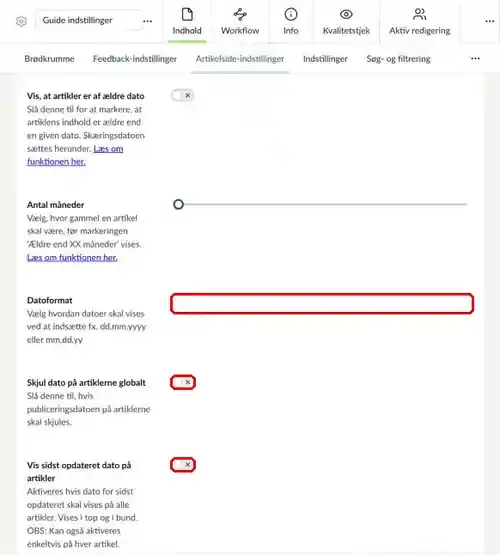 Felterne Datoformat, Skjul dato globalt og Vis sidst opdateret markeret
