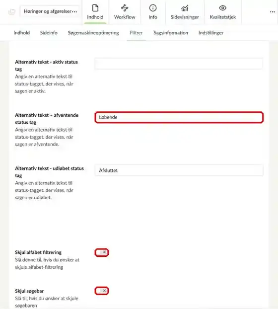 Felterne til alternative tekster på status-tags, Skjul alfabet filtrering og Skjul søgebar markeret