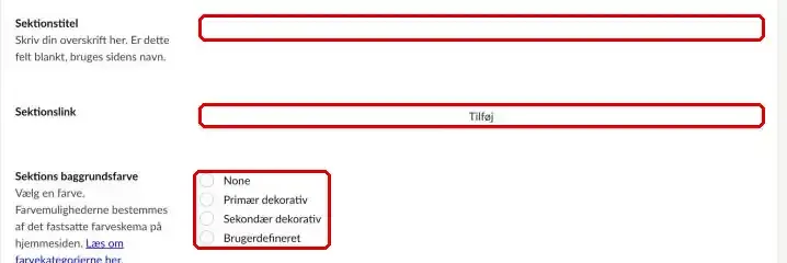 Sektionstitel, Sektionslink og Sektions baggrundsfarve markeret