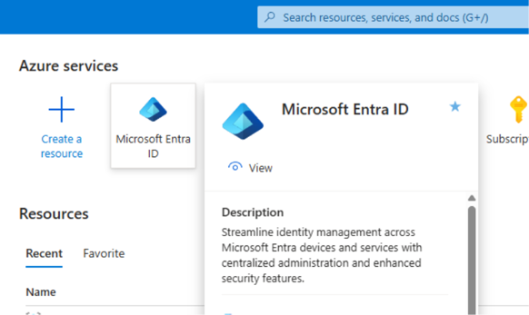 Forsiden i Azure-portalen med Microsoft Entra ID under Azure services