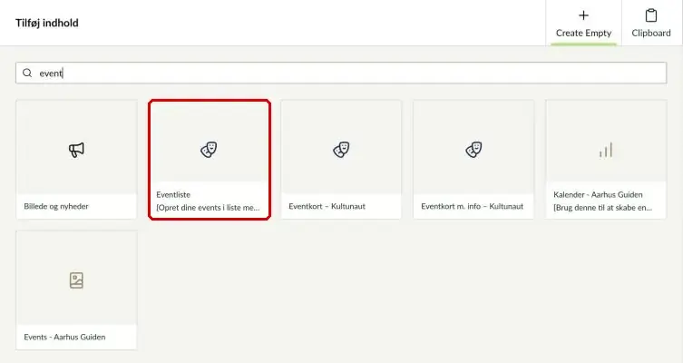 Søgning efter Eventliste i oversigten over komponenter