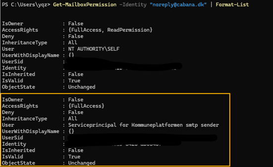 Resultatet af Get-MailboxPermission, hvor appens service principal med FullAccess er markeret
