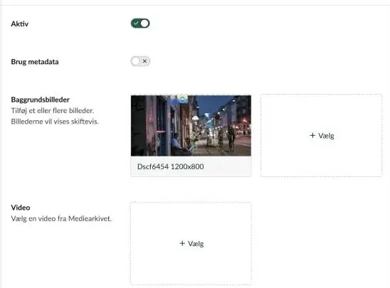 Fanen Indhold på en Hero m. baggrundsbillede med felterne Aktiv, Brug metadata, Baggrundsbilleder og Video