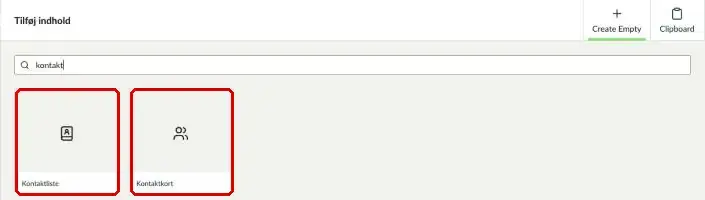 Kontaktliste og Kontaktkort markeret i oversigten over komponenter