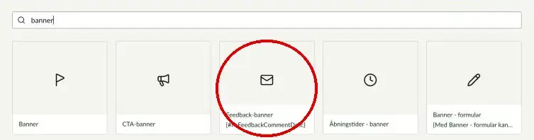 Dialogen Tilføj indhold filtreret på banner, hvor komponenten Feedback-banner er markeret