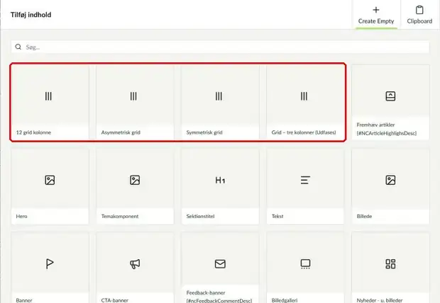 Vinduet Tilføj indhold, hvor de fire grid-typer er markeret