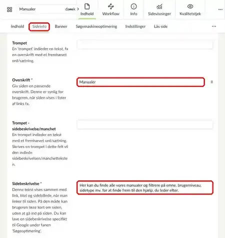 Fanen Sideinfo med felterne Overskrift og Sidebeskrivelse markeret