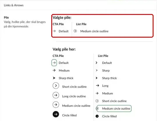 Sektionen Links & Arrows på fanen Design med de valgte pile og listen over CTA-pile og listepile