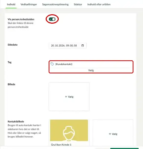 Felterne Vis person/enhedssiden og Tag markeret