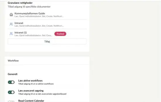 Afsnittet Granulære rettigheder med Tillad adgang til specifikke dokumenter og en liste over valgte sider med deres rettigheder samt knappen Tilføj