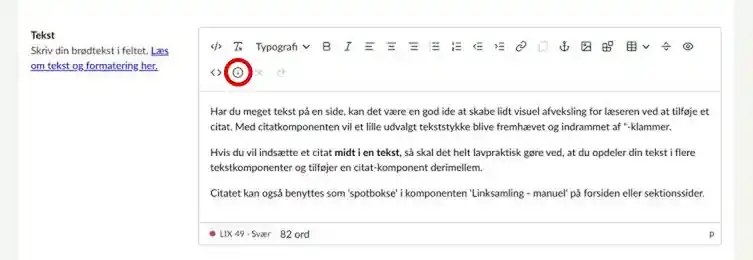 Teksteditorens værktøjslinje med knappen til tooltip markeret