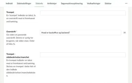 Fanen Sideinfo med felterne Trompet, Overskrift og Trompet til sidebeskrivelsen