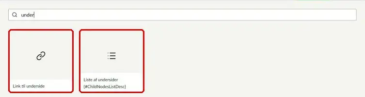 Søgning på under med Link til underside og Liste af undersider markeret