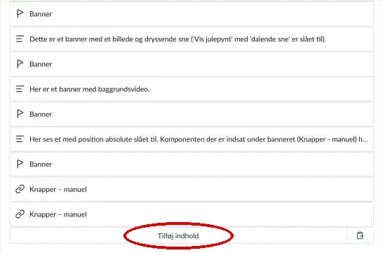 Listen over komponenter på en sektionsside med knappen Tilføj indhold nederst