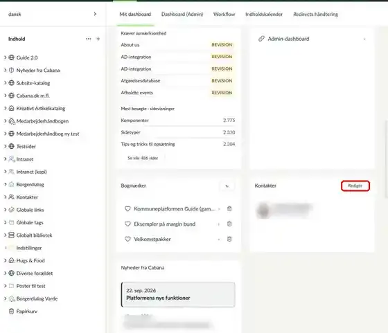 Mit dashboard med boksene Bogmærker og Kontakter, hvor knappen Redigér er markeret
