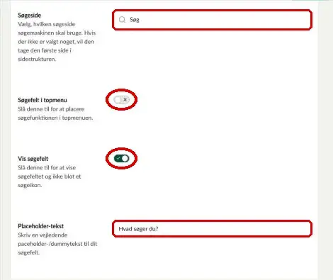Søgeside, Søgefelt i topmenu, Vis søgefelt og Placeholder-tekst markeret