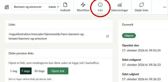 Fanerne øverst på en side med fanen Info markeret