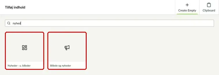 Komponenterne Nyheder u. billeder og Billede og nyheder i oversigten markeret