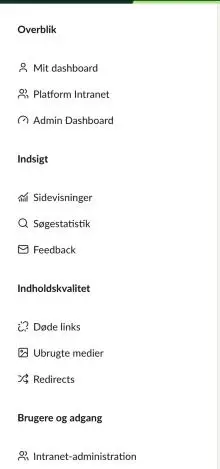 Venstremenuen i Mine værktøjer med punkterne Overblik, Indsigt, Indholdskvalitet og Brugere og adgang