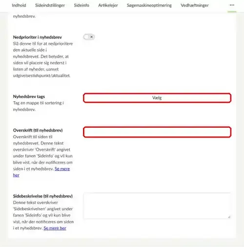 Felterne Nyhedsbrev tags og Overskrift (til nyhedsbrev) markeret
