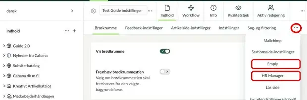 Menuen med flere faner, hvor Emply og HR Manager er markeret