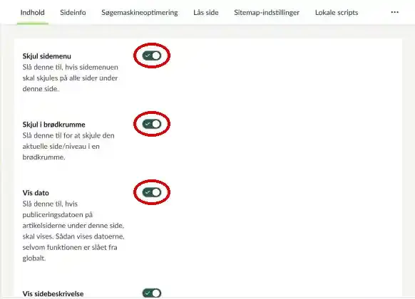 Felterne Skjul sidemenu, Skjul i brødkrumme og Vis dato markeret
