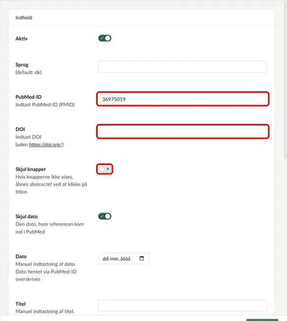 Enkel reference med felterne PubMed-ID, DOI og Skjul knapper markeret