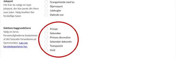 Feltet Sektions baggrundsfarve med valgene Primær, Sekundær, Primary decorative, Sekundær dekorativ, Transparent og Hvid