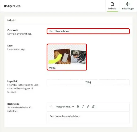 Komponenten Hero med Overskrift og Logo markeret