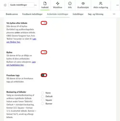Felterne Vis byline efter billede, Byline og Fremhæv tags markeret