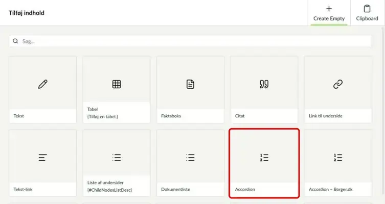 Oversigten over komponenter med Accordion markeret