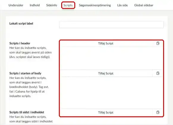 Fanen Scripts og knappen Tilføj script markeret