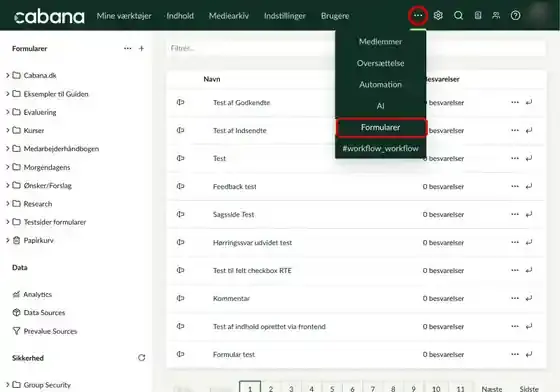 Menuen bag de tre prikker i topmenuen med Formularer markeret