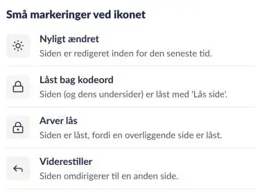 Små markeringer ved ikonerne: nyligt ændret, låst bag kodeord, arver lås og viderestiller
