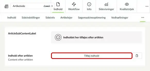 Fanen Indhold efter artiklen med knappen Tilføj indhold markeret