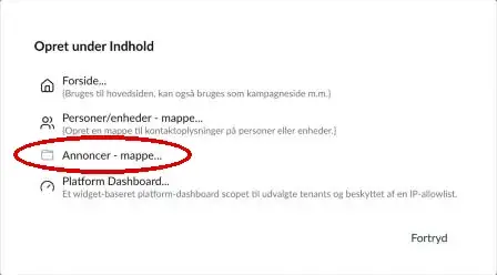 Dialogen Opret under Indhold med valget Annoncer - mappe markeret