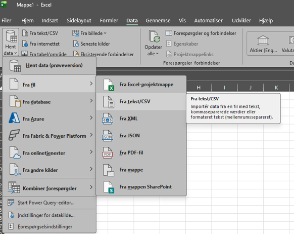 Excel, hvor Data og Fra tekst/CSV er markeret