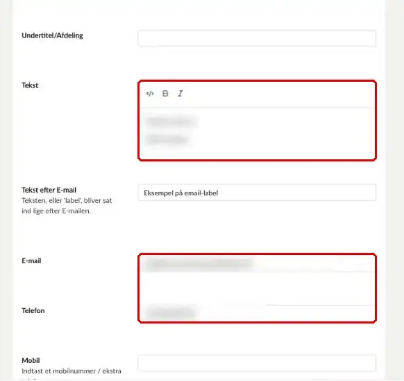 Felterne Tekst, E-mail og Telefon markeret