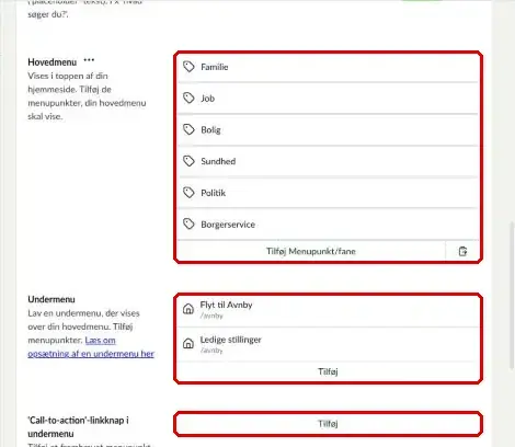 Felterne Hovedmenu, Undermenu og Call-to-action-linkknap i undermenu markeret