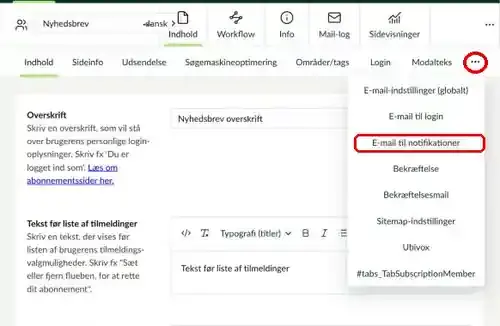 Menuen med flere faner på medlemssiden med E-mail til notifikationer markeret