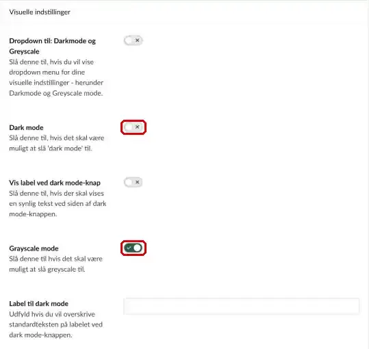Sektionen Visuelle indstillinger på fanen Indstillinger, hvor Dark mode og Grayscale mode er markeret