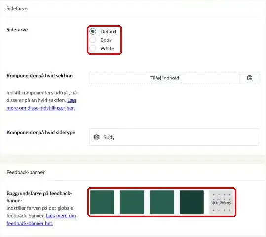 Sektionerne Sidefarve og Feedback-banner på fanen Design, hvor valgene Default, Body og White er markeret