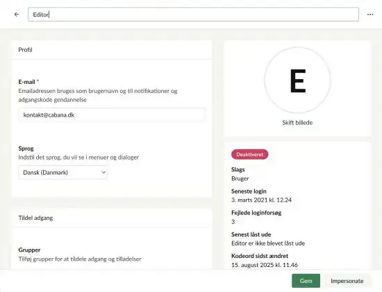 En brugerprofil, hvor boksen til højre viser status Deaktiveret, seneste login, fejlede loginforsøg, senest låst ude og hvornår kodeordet sidst er ændret
