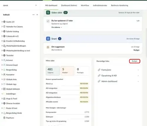 Mit dashboard, hvor knappen Redigér i boksen Personlige links er markeret