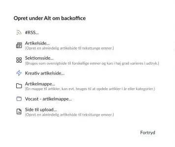 Dialogen Opret under Alt om backoffice med valg mellem sidetyper som Artikelside, Sektionsside og Artikelmappe