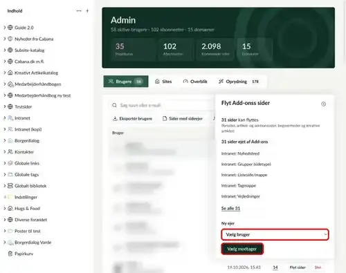 Panelet Flyt sider, hvor feltet Vælg bruger og knappen Vælg modtager er markeret