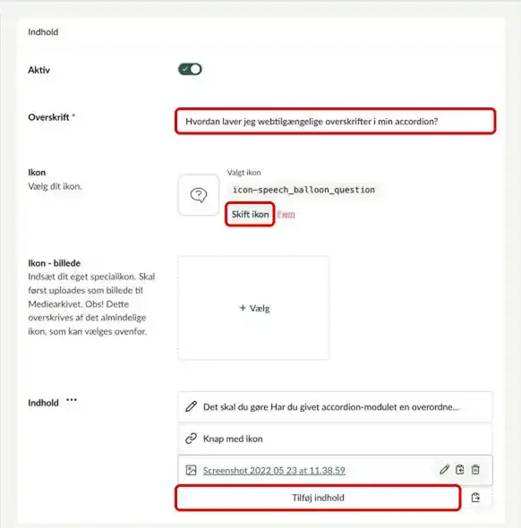 Et punkt af typen Multikomponenter med Overskrift, Skift ikon og Tilføj indhold markeret